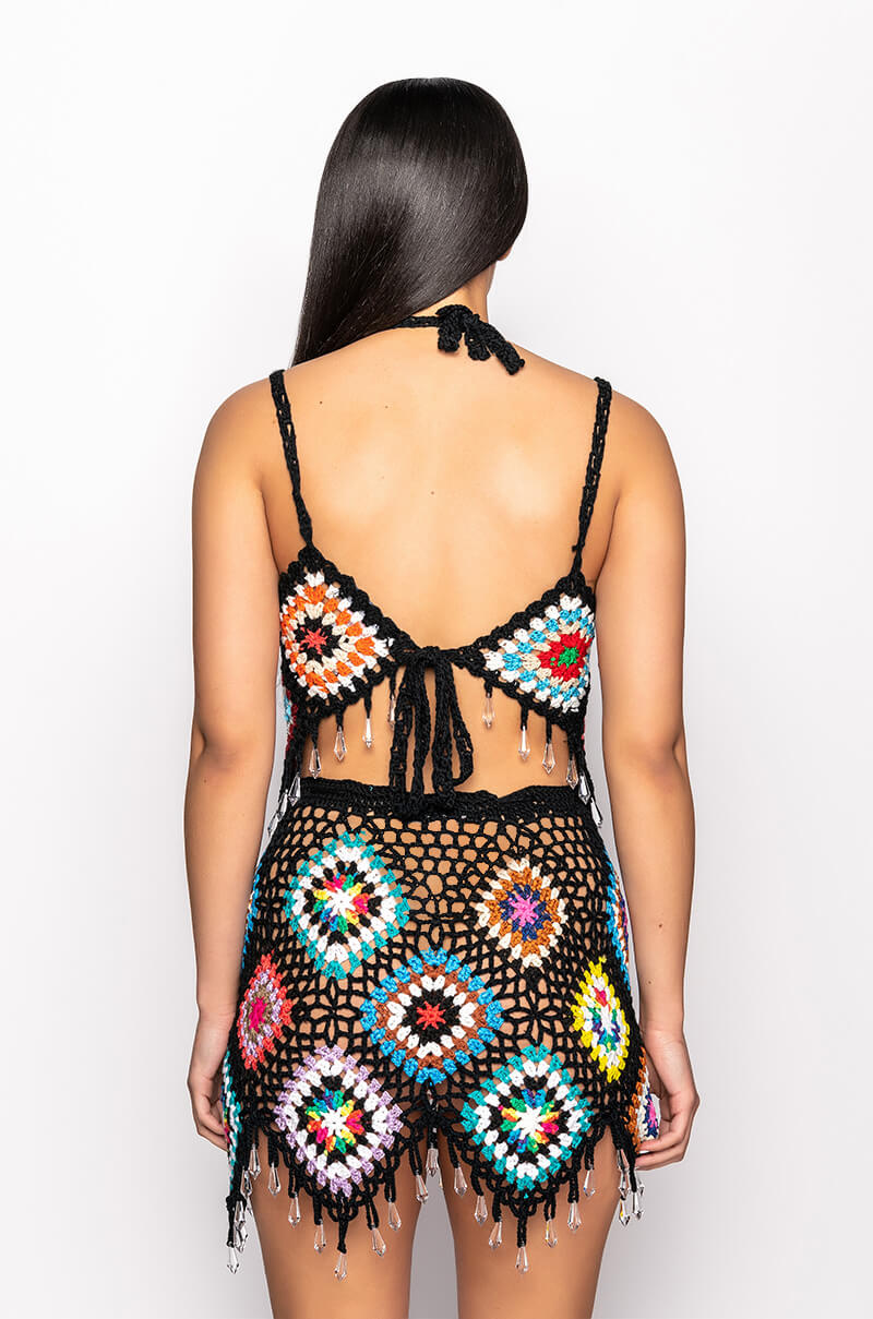 PACK YOUR BAGS RHINESTONE TRIM CROCHET CROP TOP