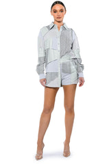 PATCHWORK SHADES OF GREY FAUX LEATHER SHORTS