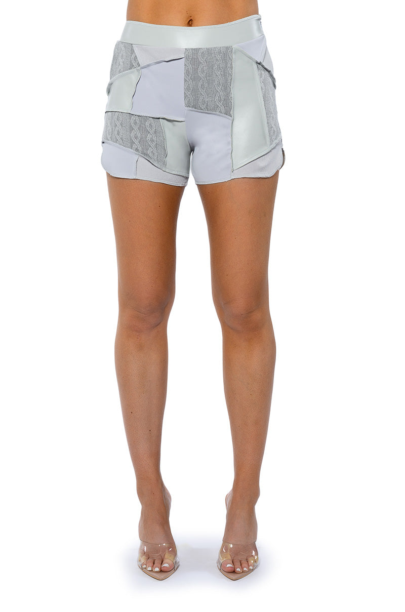 PATCHWORK SHADES OF GREY FAUX LEATHER SHORTS