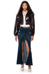 PATENT BROWN CROP BOMBER JACKET
