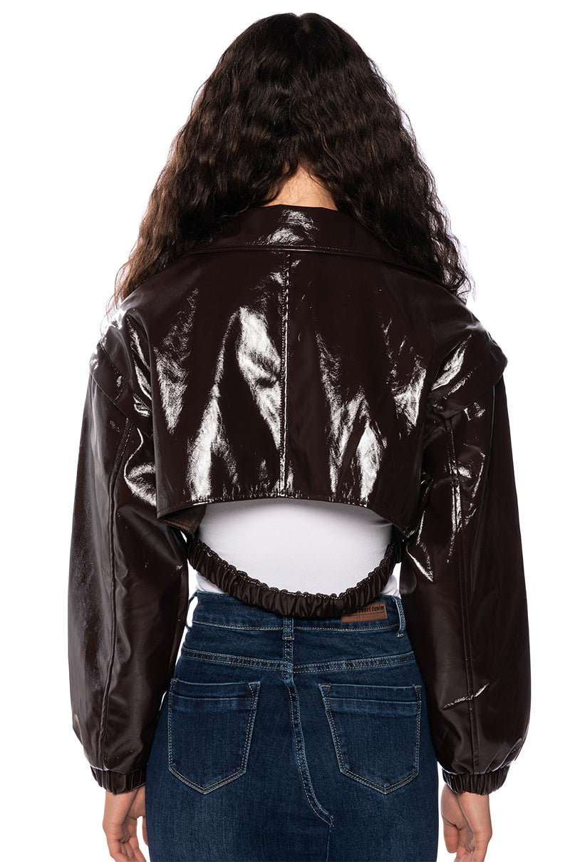 PATENT BROWN CROP BOMBER JACKET