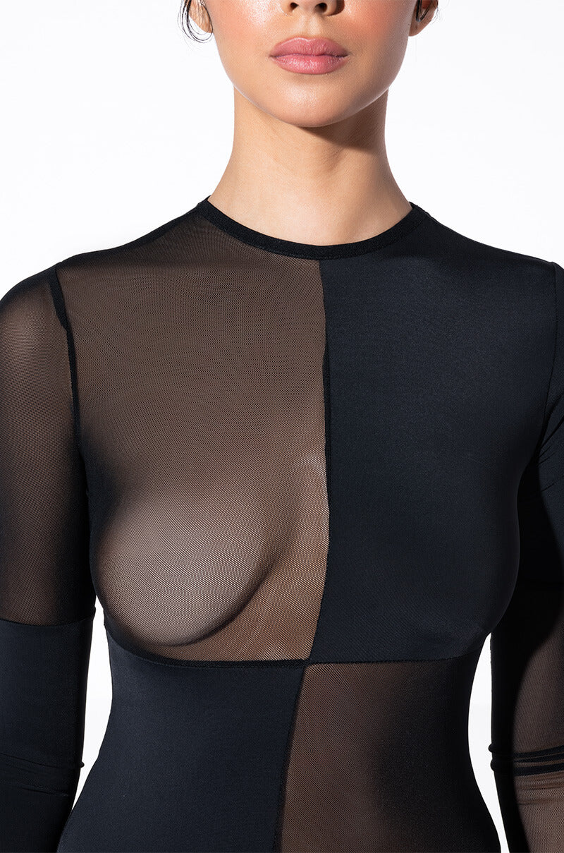 CHECKMATE COLORBLOCKED LONG SLEEVE MESH BODYSUIT