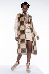 PAY TRIBUTE CHECKERED FAUX FUR VEST
