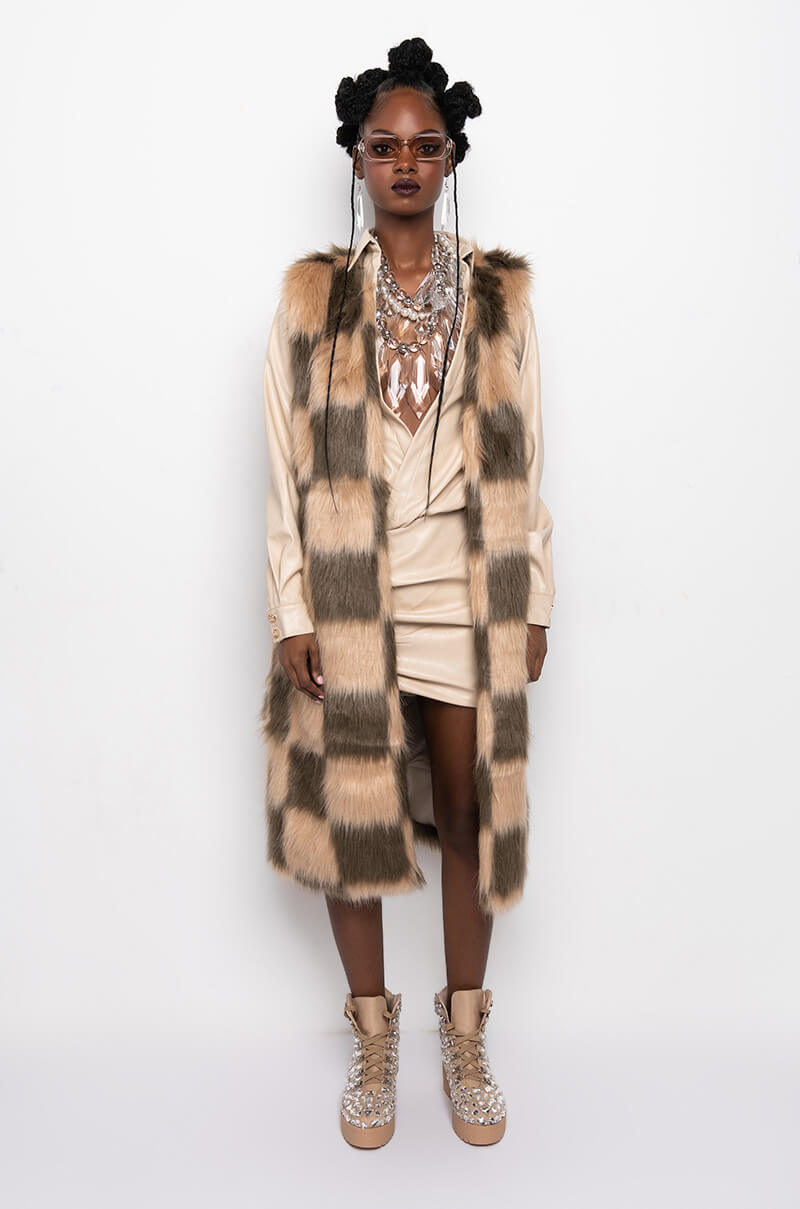 PAY TRIBUTE CHECKERED FAUX FUR VEST