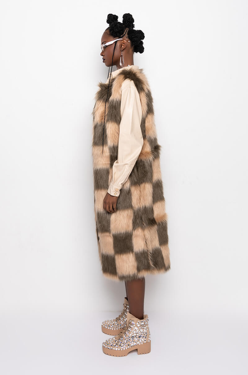 PAY TRIBUTE CHECKERED FAUX FUR VEST