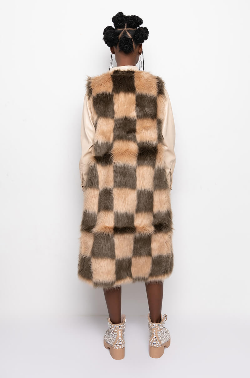 PAY TRIBUTE CHECKERED FAUX FUR VEST