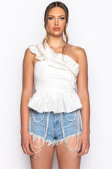 PEARL DETAIL ONE SHOULDER POPLIN PEPLUM BLOUSE