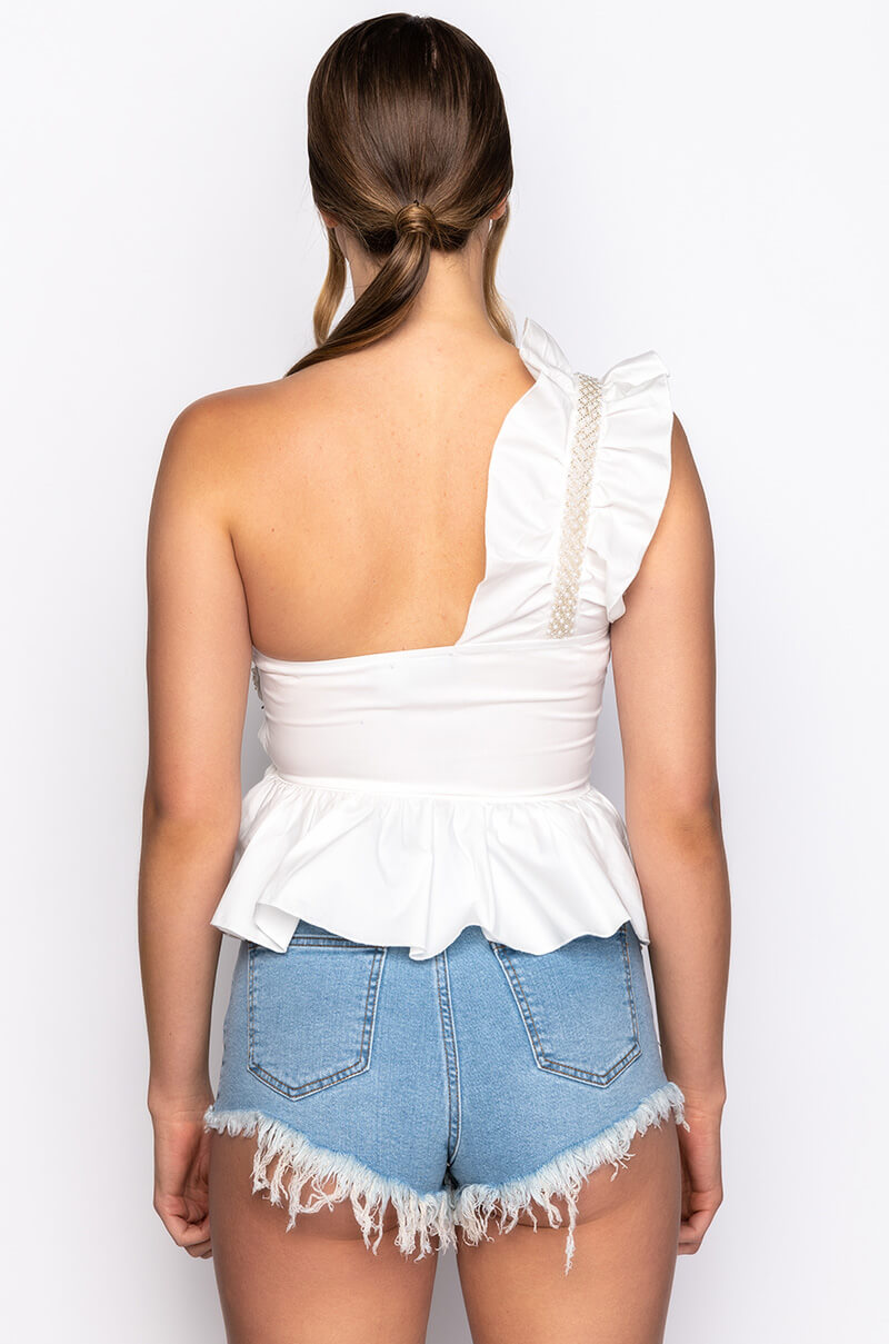 PEARL DETAIL ONE SHOULDER POPLIN PEPLUM BLOUSE