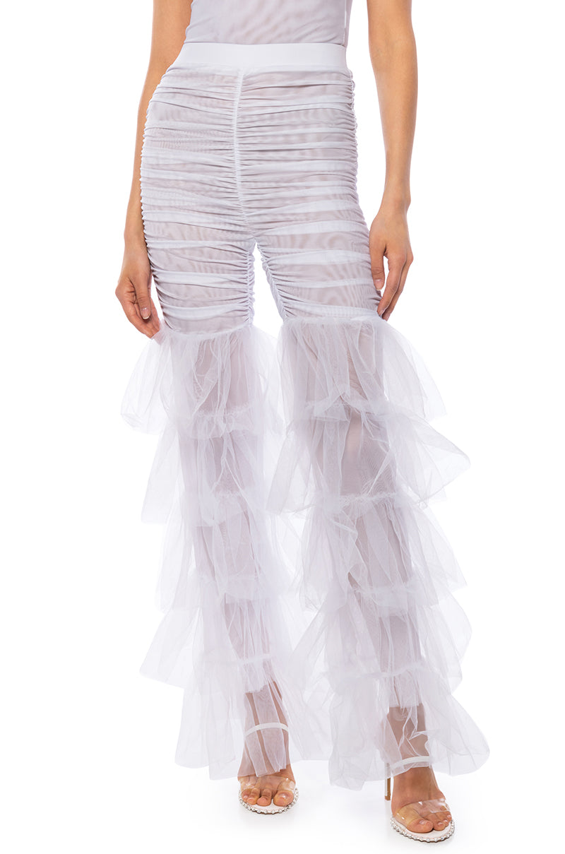 SAMMIE CINCHED MESH FLARE LEG PANT IN WHITE