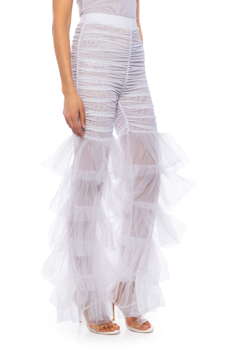 SAMMIE CINCHED MESH FLARE LEG PANT IN WHITE