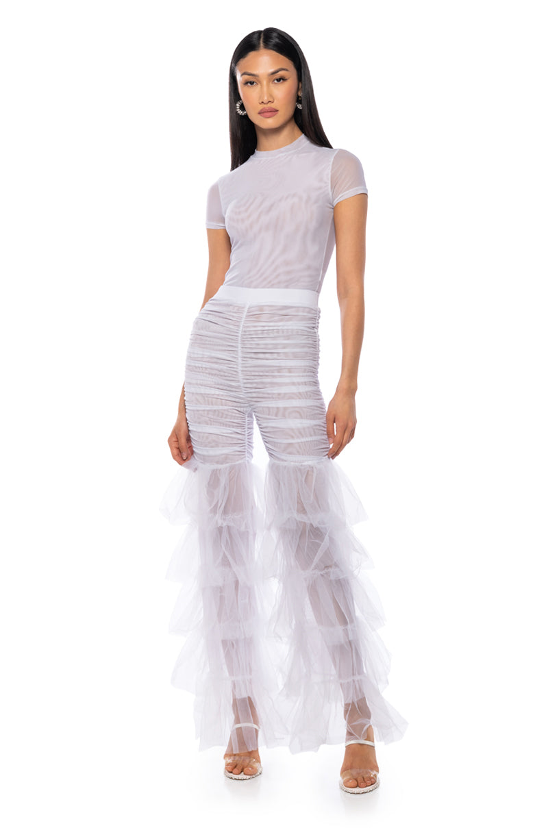 SAMMIE CINCHED MESH FLARE LEG PANT IN WHITE