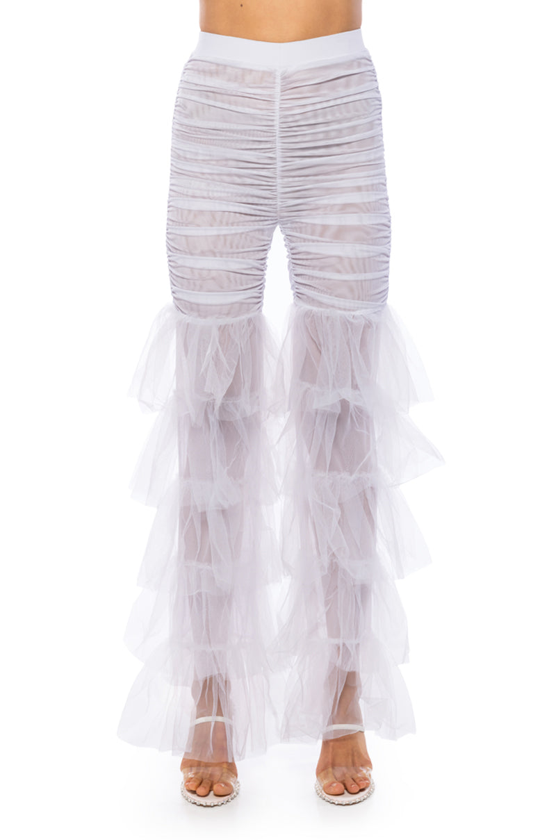 SAMMIE CINCHED MESH FLARE LEG PANT IN WHITE