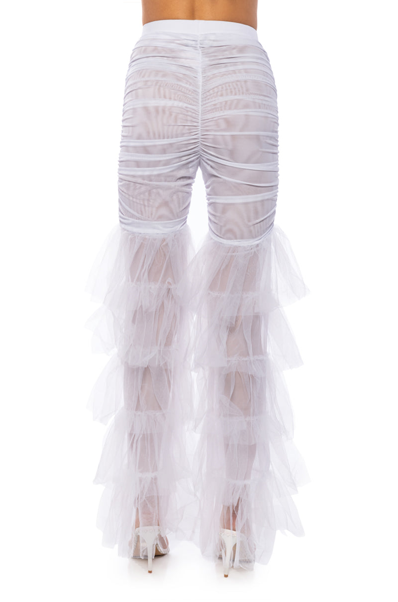 SAMMIE CINCHED MESH FLARE LEG PANT IN WHITE