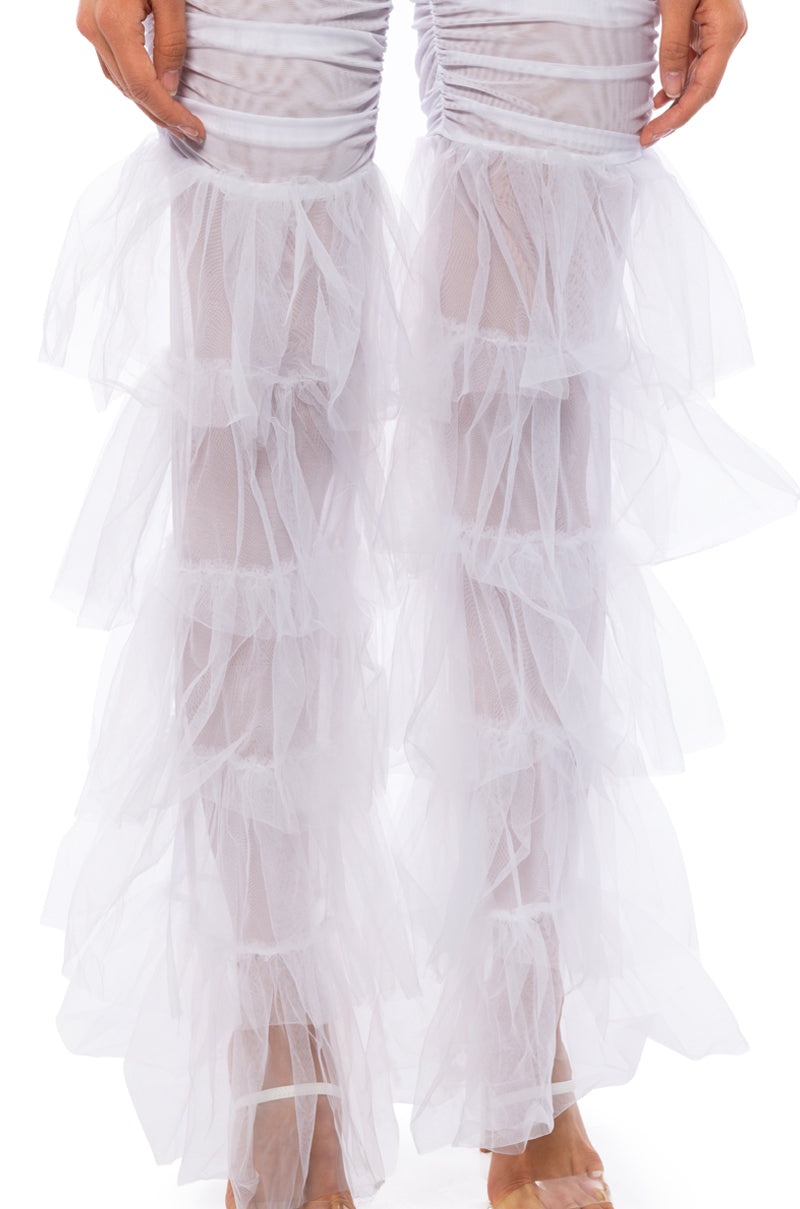 SAMMIE CINCHED MESH FLARE LEG PANT IN WHITE