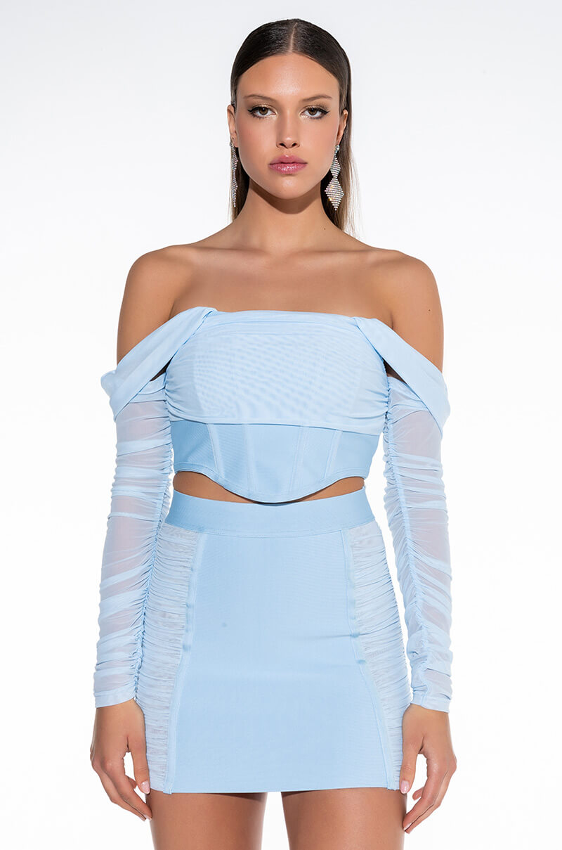 PERFECTIONIST CORSETED BANDAGE OFF THE SHOULDER BLOUSE