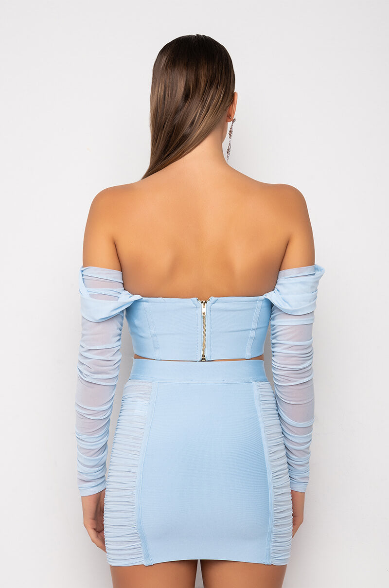 PERFECTIONIST CORSETED BANDAGE OFF THE SHOULDER BLOUSE