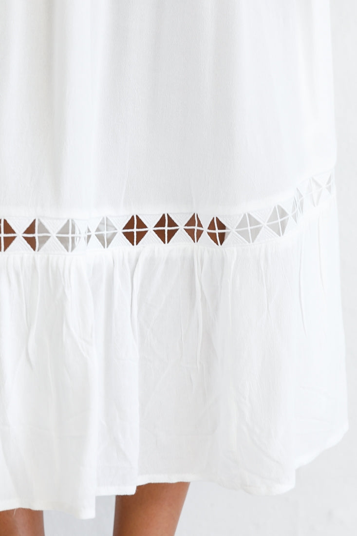 Daydream Shirred Bust Frill Trim Maxi Dress White