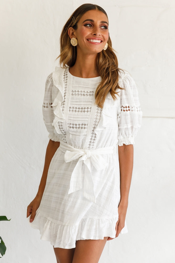 Delia Puff Sleeve Crochet Detail Dress White