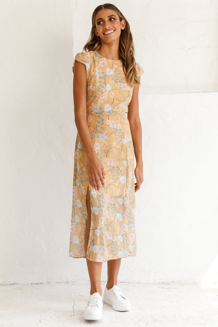Becky Cap Sleeve Crew Neck Midi Dress Floral Print Mustard