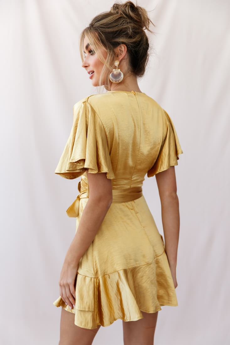 Cami Angel Sleeve Faux Wrap Dress Mustard