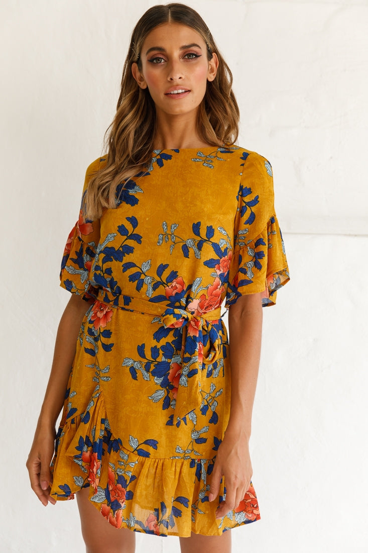 Azealia Floral Wrap Dress Mustard