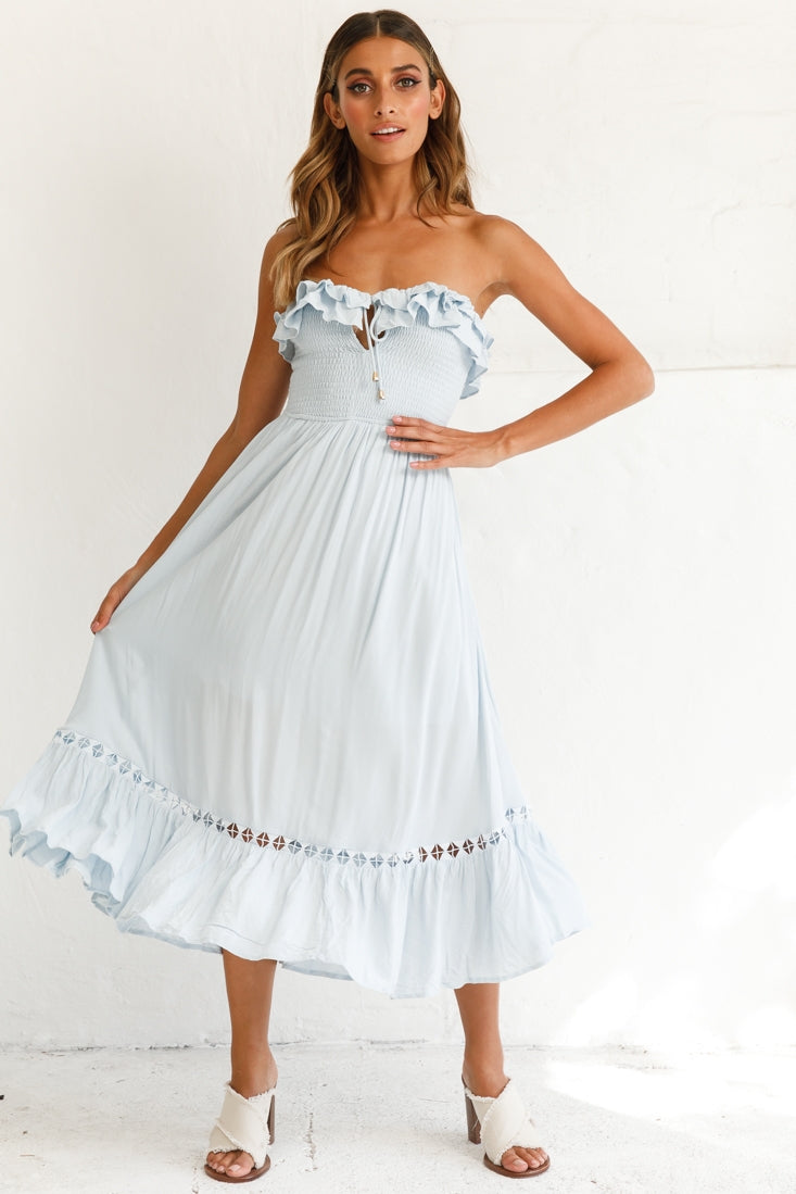 Daydream Shirred Bust Frill Trim Maxi Dress Ice Blue