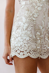 Delilah Embroidered Scalloped Hem Romper Beige