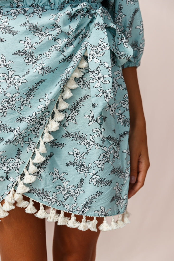 Cayman Tassel Trim Wrap Dress Sage/White