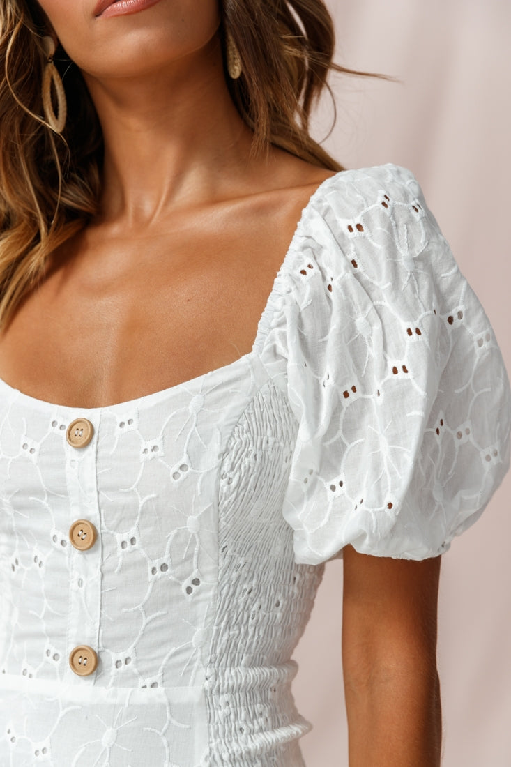 Darling Puff Sleeve Shirred Dress White