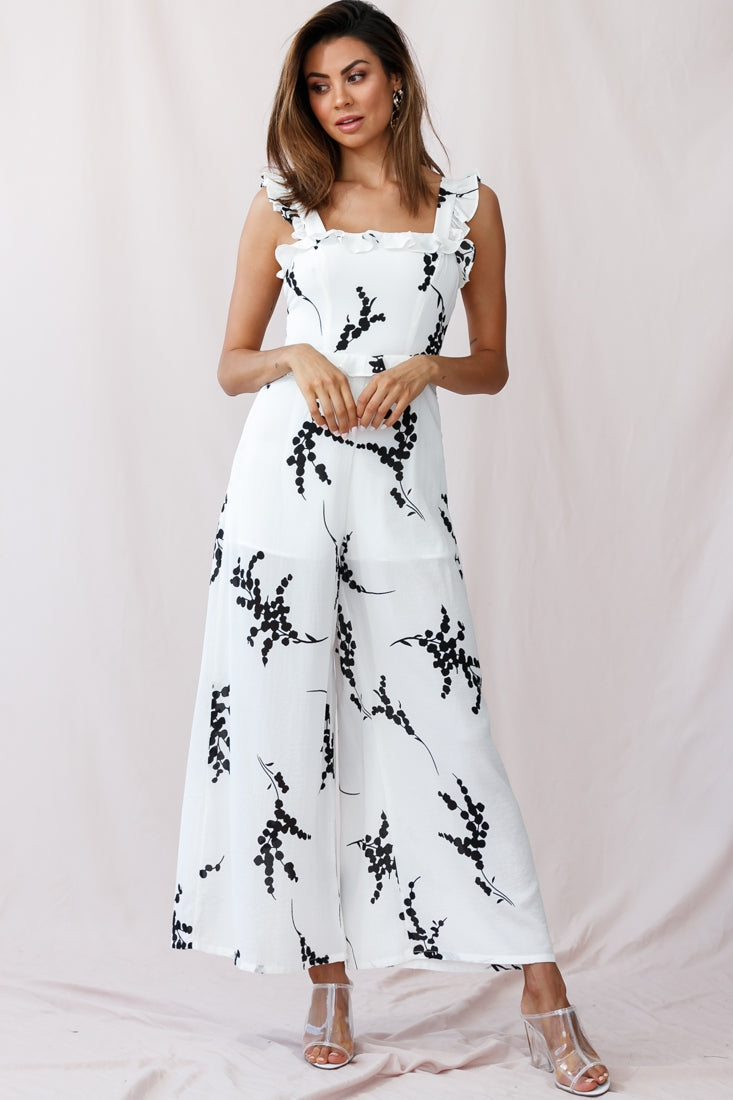 Azure Frill Strap Wide Leg Jumpsuit Floral Print White