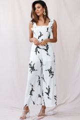 Azure Frill Strap Wide Leg Jumpsuit Floral Print White