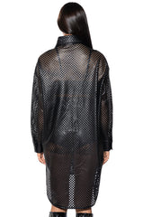 LASER CUT VEGAN LEATHER BUTTON DOWN DRESS