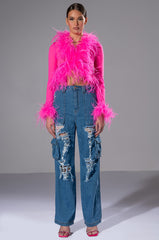 PINK ANGEL MESH FEATHER TRIM TOP