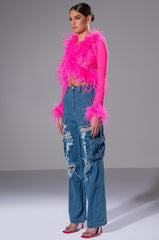 PINK ANGEL MESH FEATHER TRIM TOP
