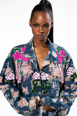 PINK ROSES CROP DENIM JACKET