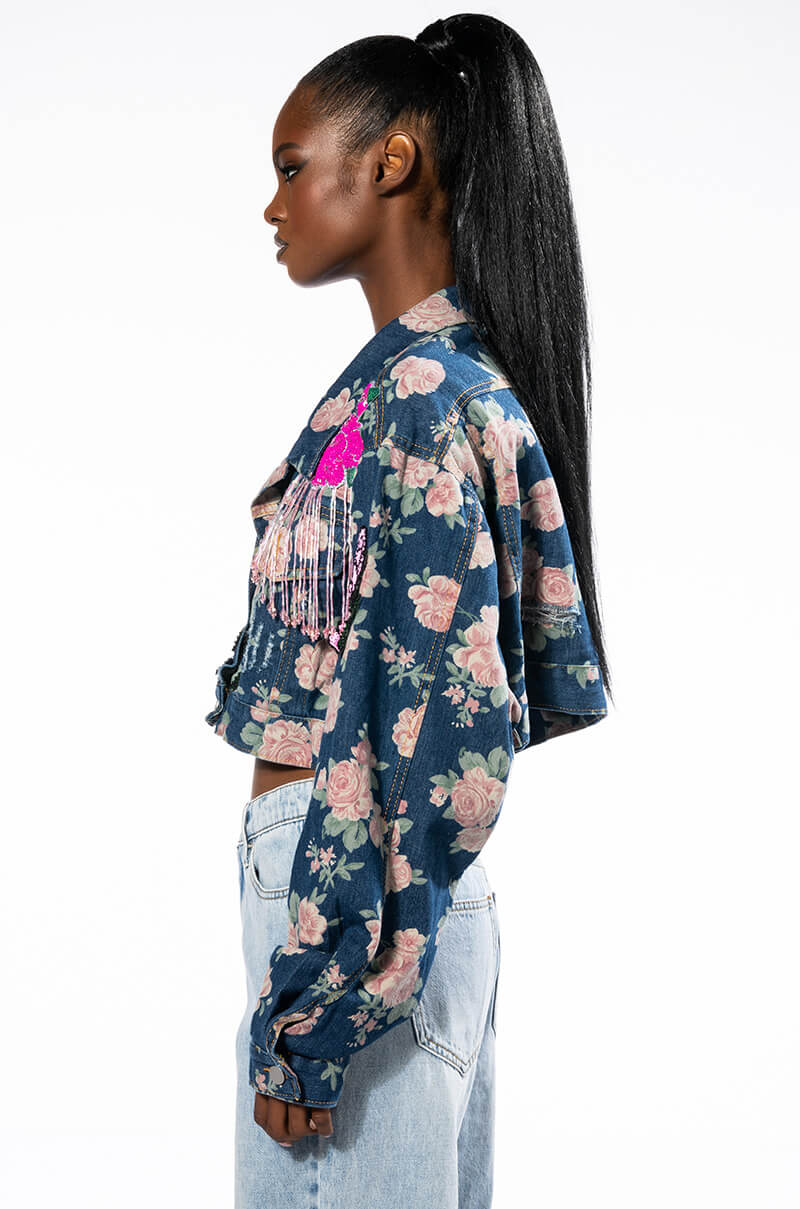 PINK ROSES CROP DENIM JACKET