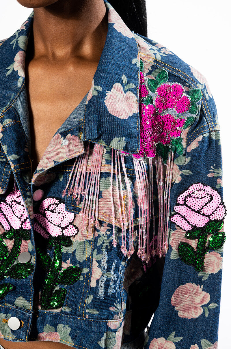 PINK ROSES CROP DENIM JACKET