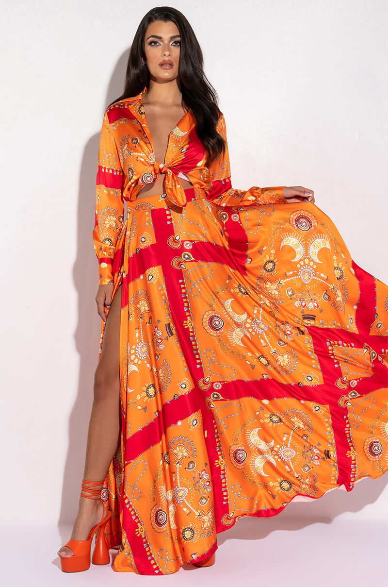 PLACES TO BE SATIN MAXI WRAP SKIRT