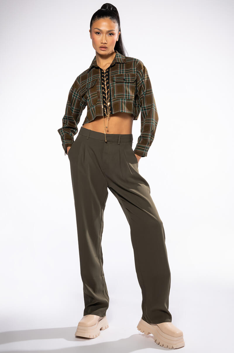 PLAID ROMANCE CHAIN LACE UP CROPPED BLOUSE