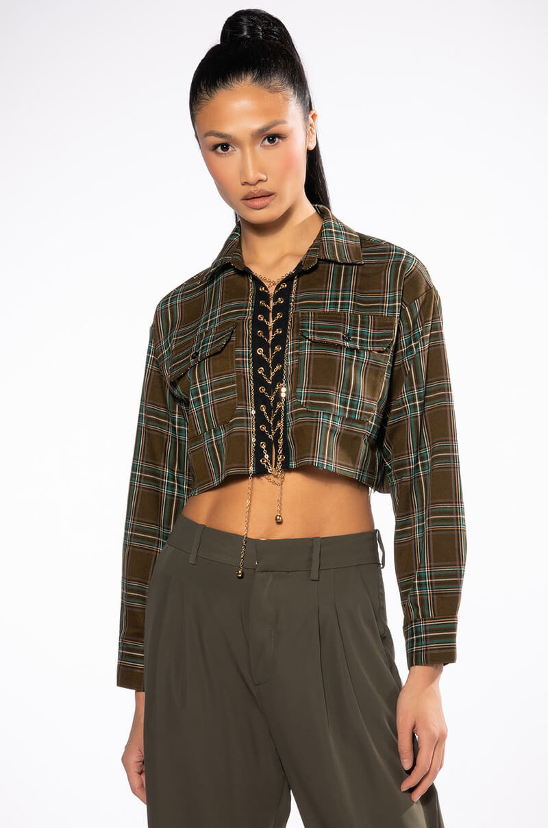 PLAID ROMANCE CHAIN LACE UP CROPPED BLOUSE