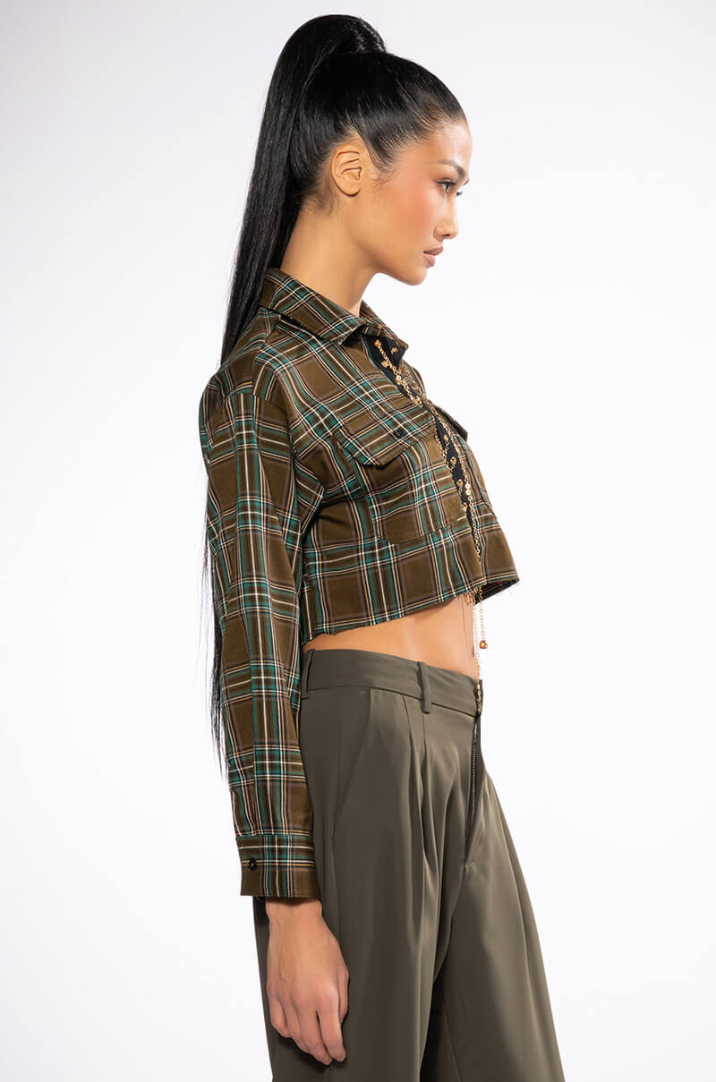 PLAID ROMANCE CHAIN LACE UP CROPPED BLOUSE