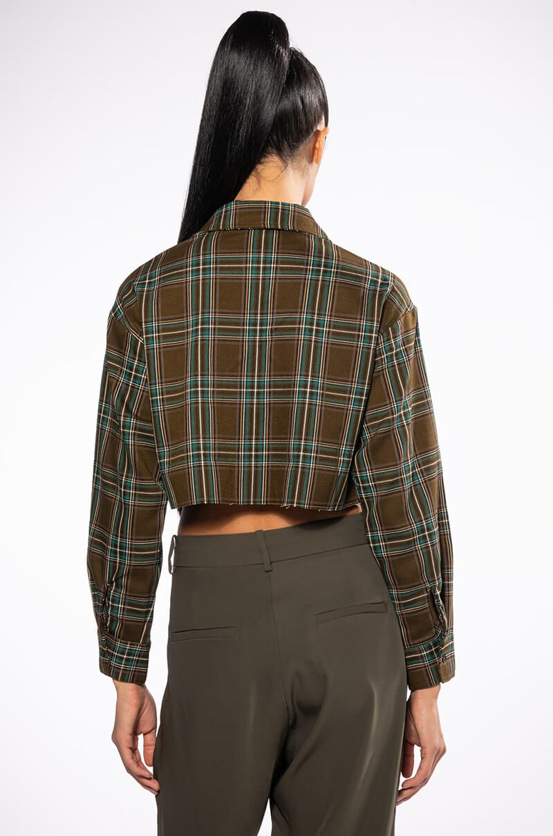 PLAID ROMANCE CHAIN LACE UP CROPPED BLOUSE