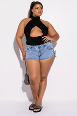 PLUS ADRIANA LACE UP DENIM SHORTS