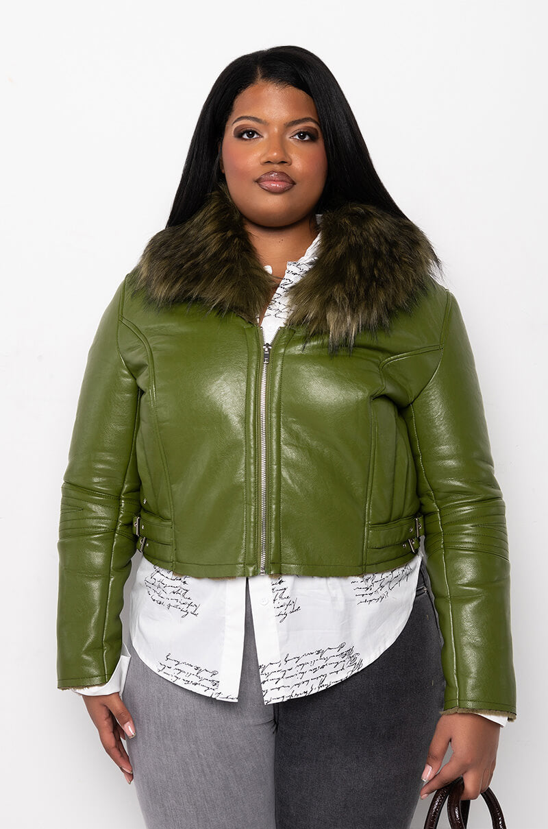 PLUS DOUBLE BONDED FAUX FUR MOTO JACKET