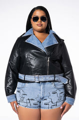 PLUS DOUBLE TROUBLE DENIM MOTO JACKET