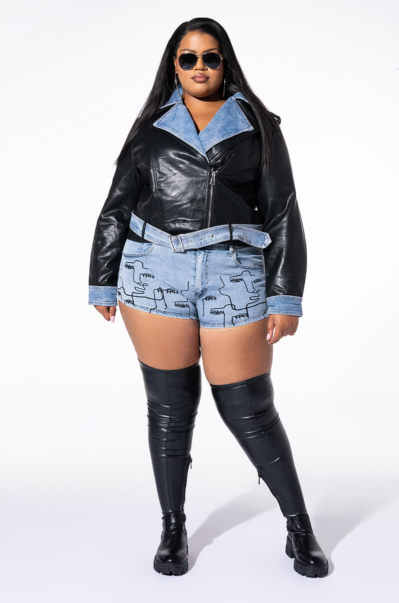 PLUS DOUBLE TROUBLE DENIM MOTO JACKET
