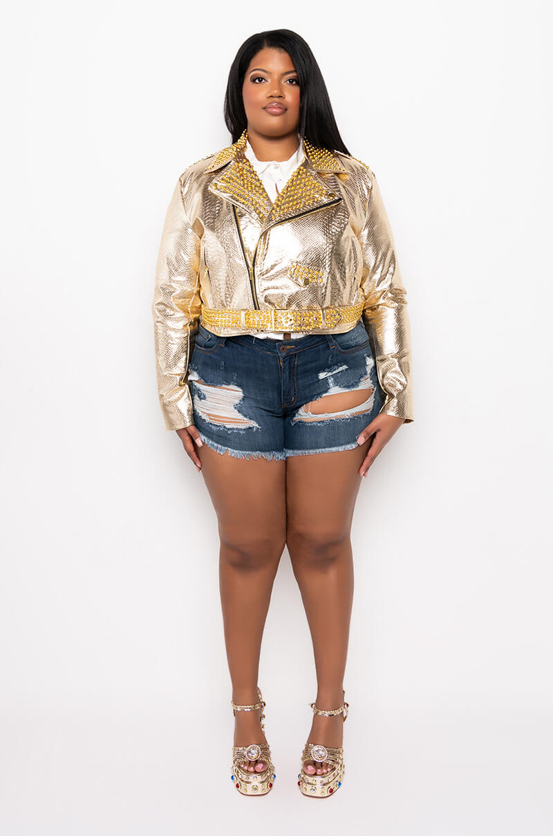 PLUS AZALEA WANG GOLD FINGER STUDDED MOTO JACKET