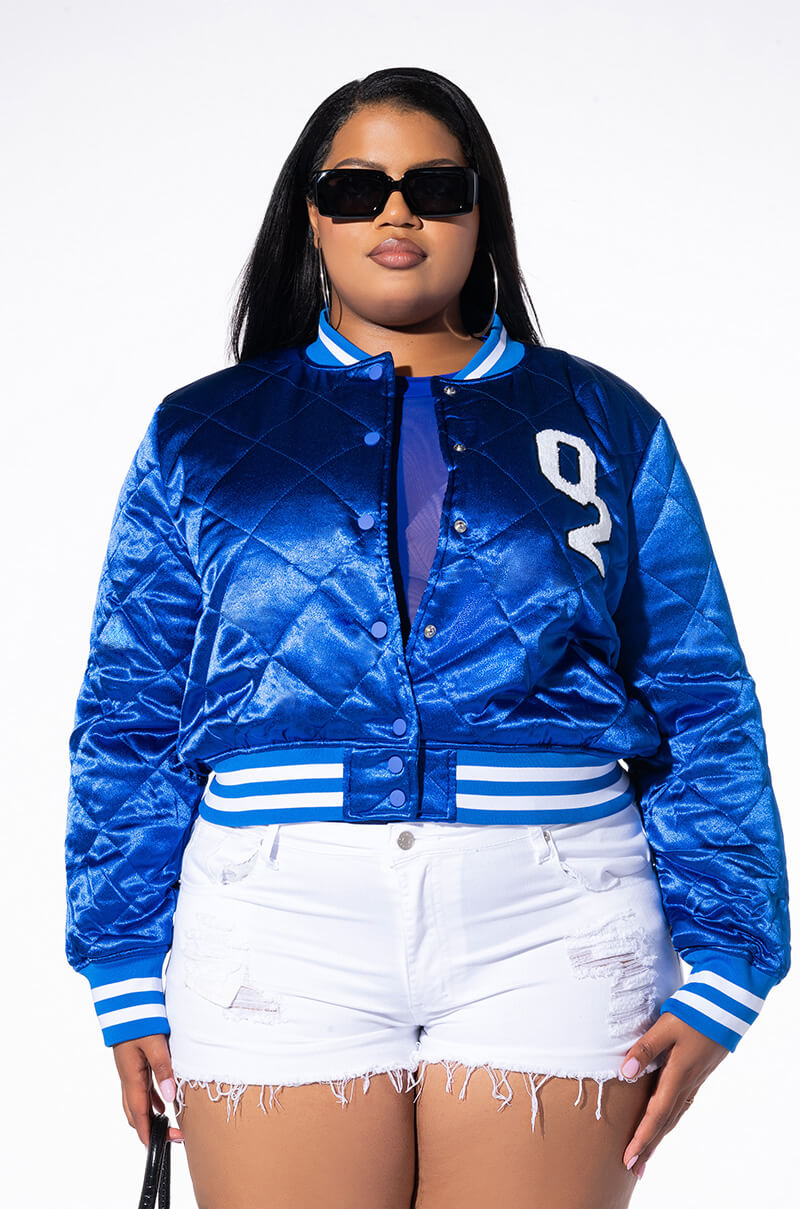 PLUS NO CAP CROPPED SATIN VARSITY BOMBER