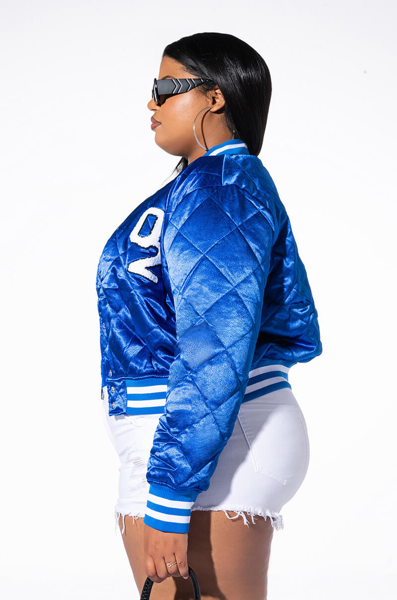 PLUS NO CAP CROPPED SATIN VARSITY BOMBER