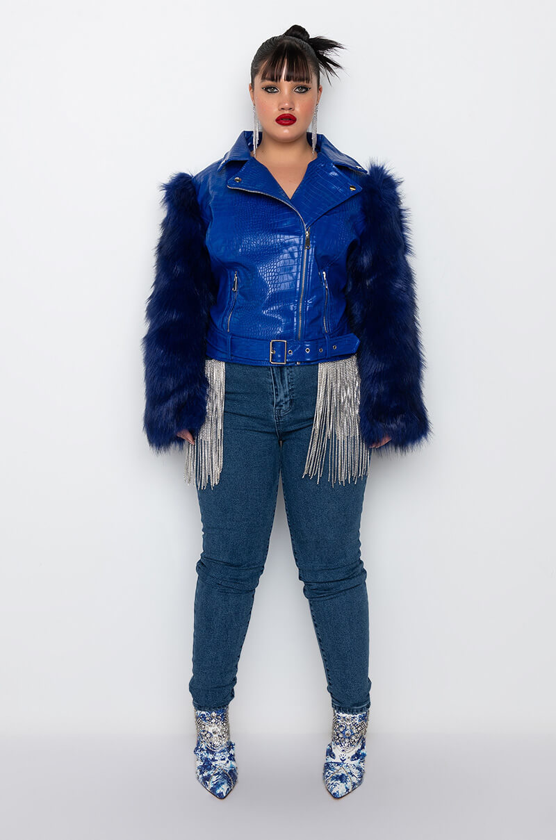 PLUS AZALEA WANG NOLLA FAUX FUR ARMS CROC MOTO JACKET